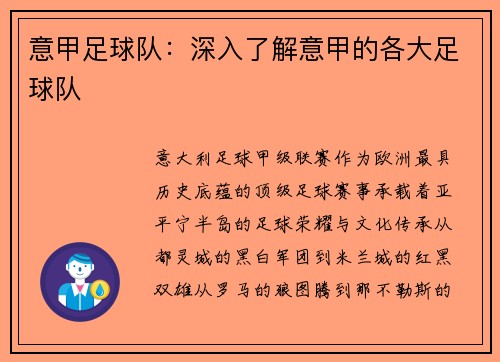 意甲足球队：深入了解意甲的各大足球队